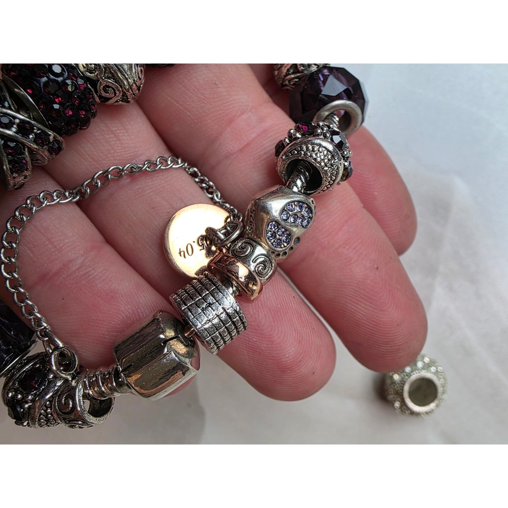 Sterling Silver Charm Bracelet Purple Murano Glass Pave Crystal Beads Yakira 48g - Picture 3 of 16
